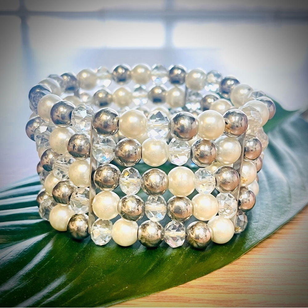 Glass Pearl Bead Stretch Layered Bling Bracelet - Picture 3 of 5